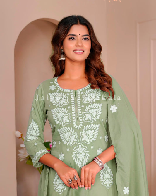 Pista Mul Cotton Embroidery Cotton Dupatta Set