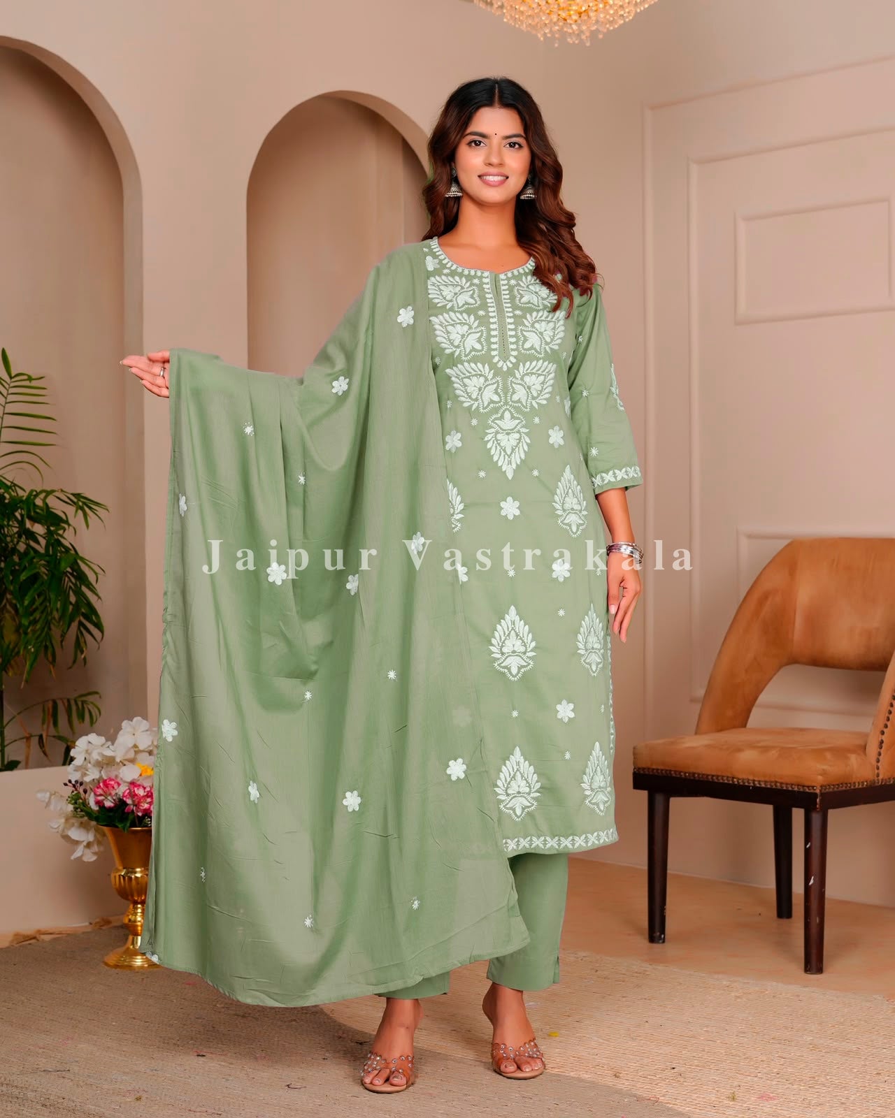 Pista Mul Cotton Embroidery Cotton Dupatta Set