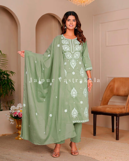 Pista Mul Cotton Embroidery Cotton Dupatta Set