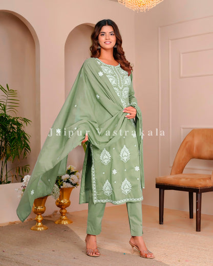 Pista Mul Cotton Embroidery Cotton Dupatta Set