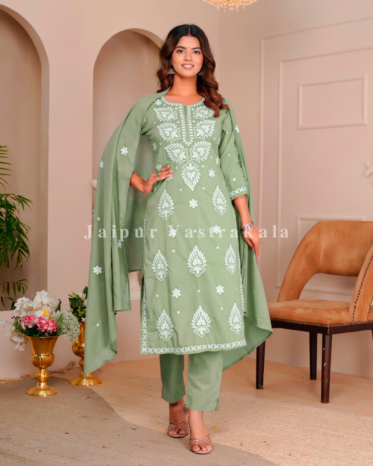 Pista Mul Cotton Embroidery Cotton Dupatta Set