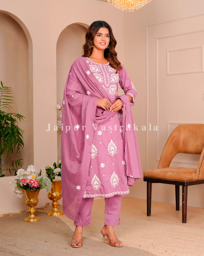 Dusky Pink Mul Cotton Embroidery Cotton Dupatta Set