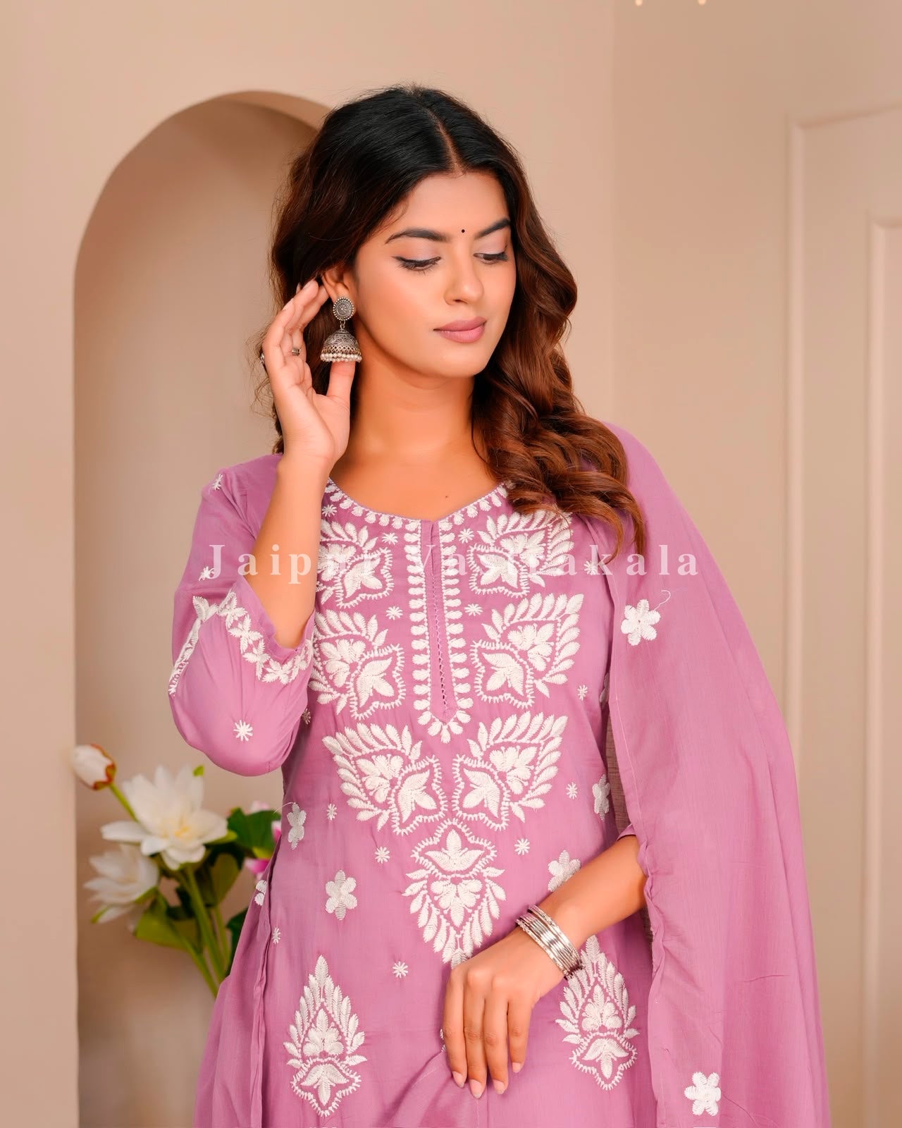 Dusky Pink Mul Cotton Embroidery Cotton Dupatta Set