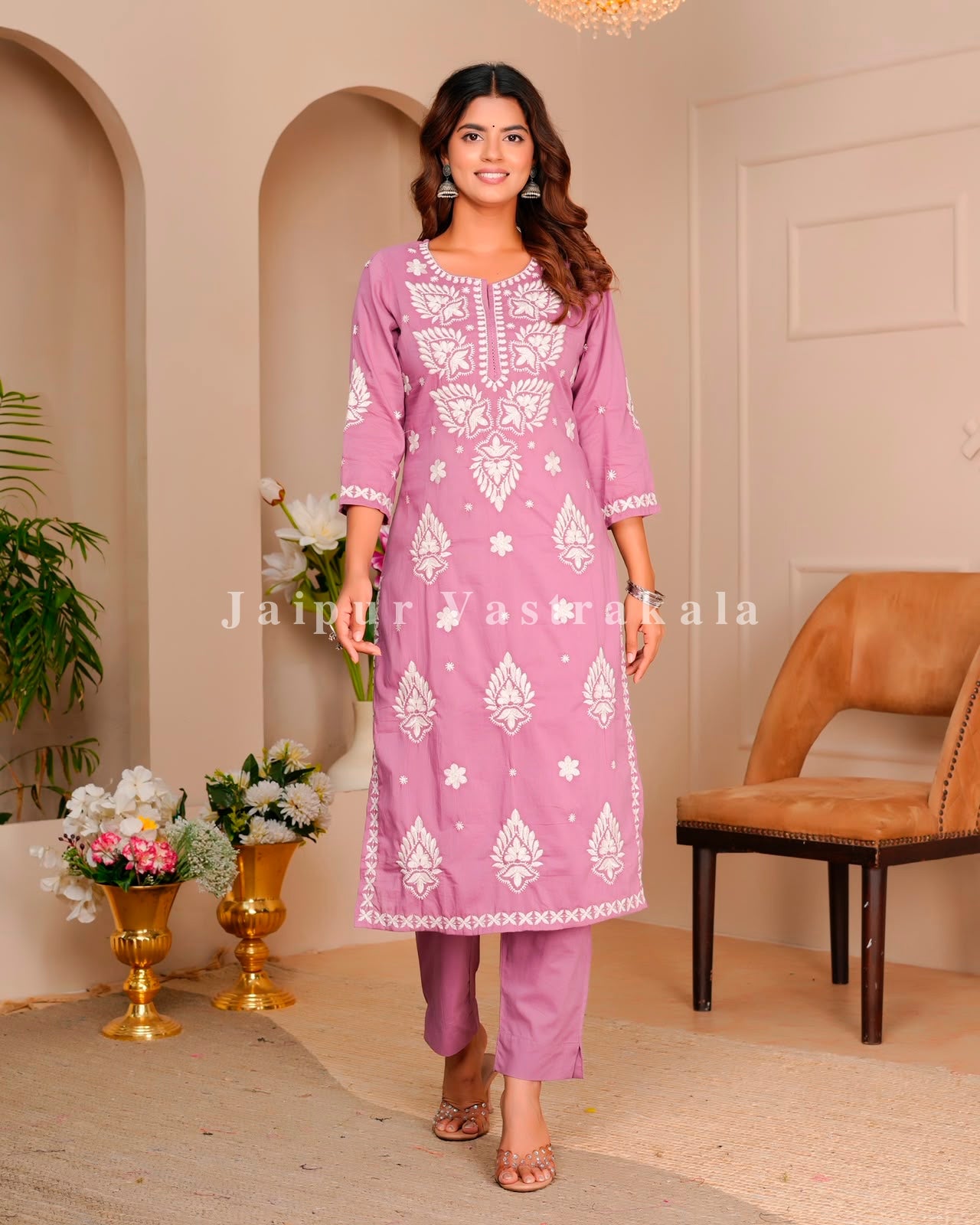 Dusky Pink Mul Cotton Embroidery Cotton Dupatta Set