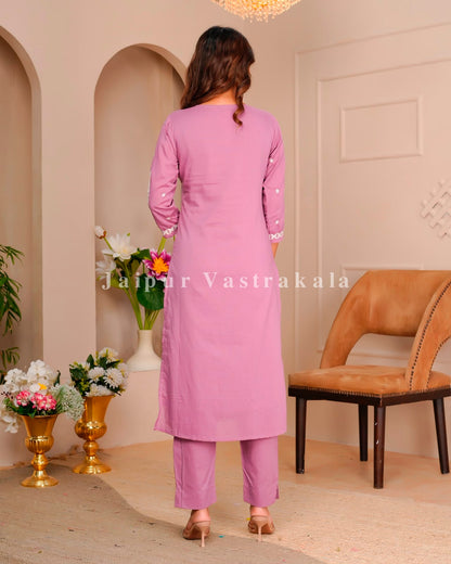 Dusky Pink Mul Cotton Embroidery Cotton Dupatta Set
