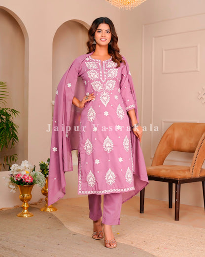 Dusky Pink Mul Cotton Embroidery Cotton Dupatta Set