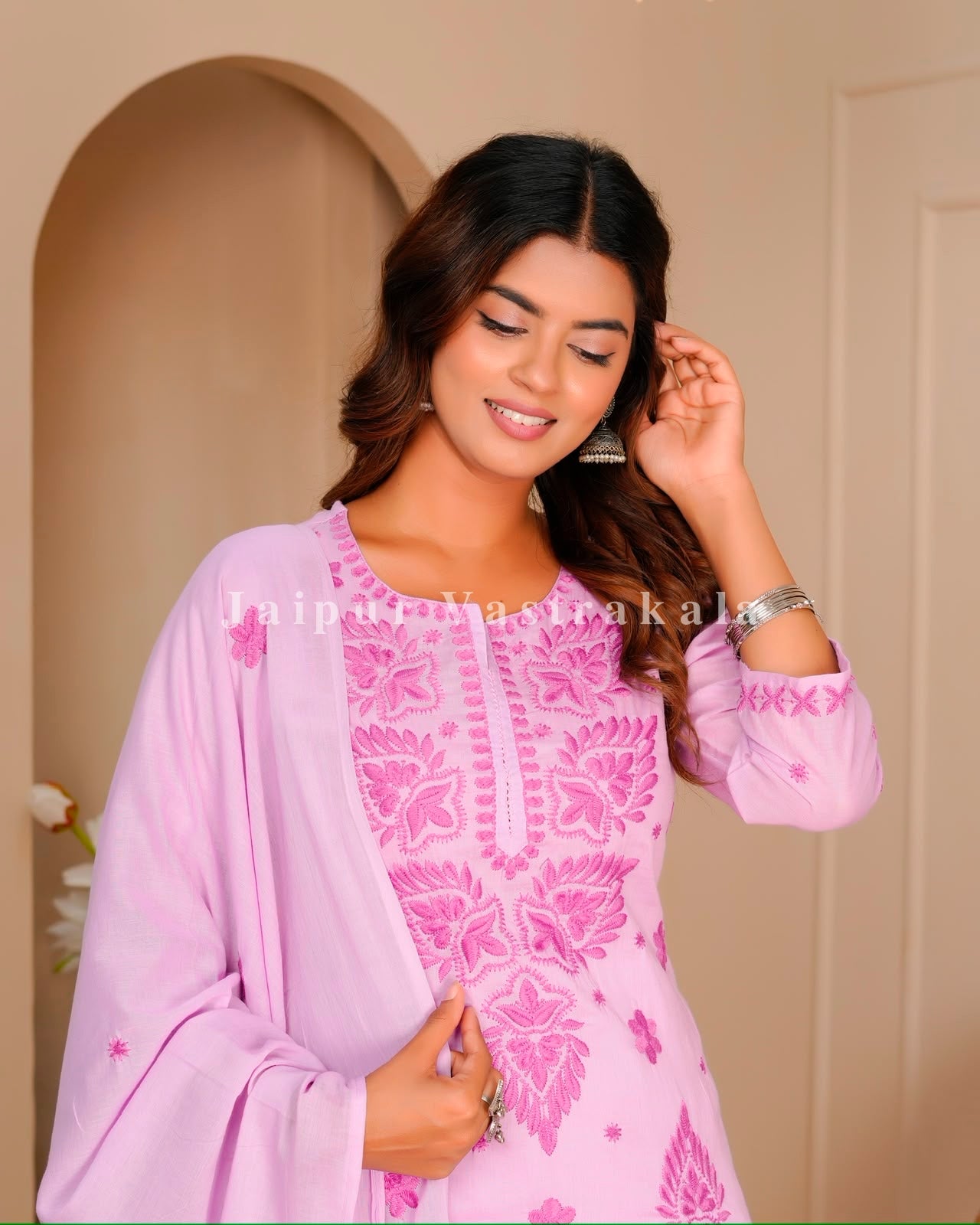 Blush Pink Mul Cotton Embroidery Cotton Dupatta Set