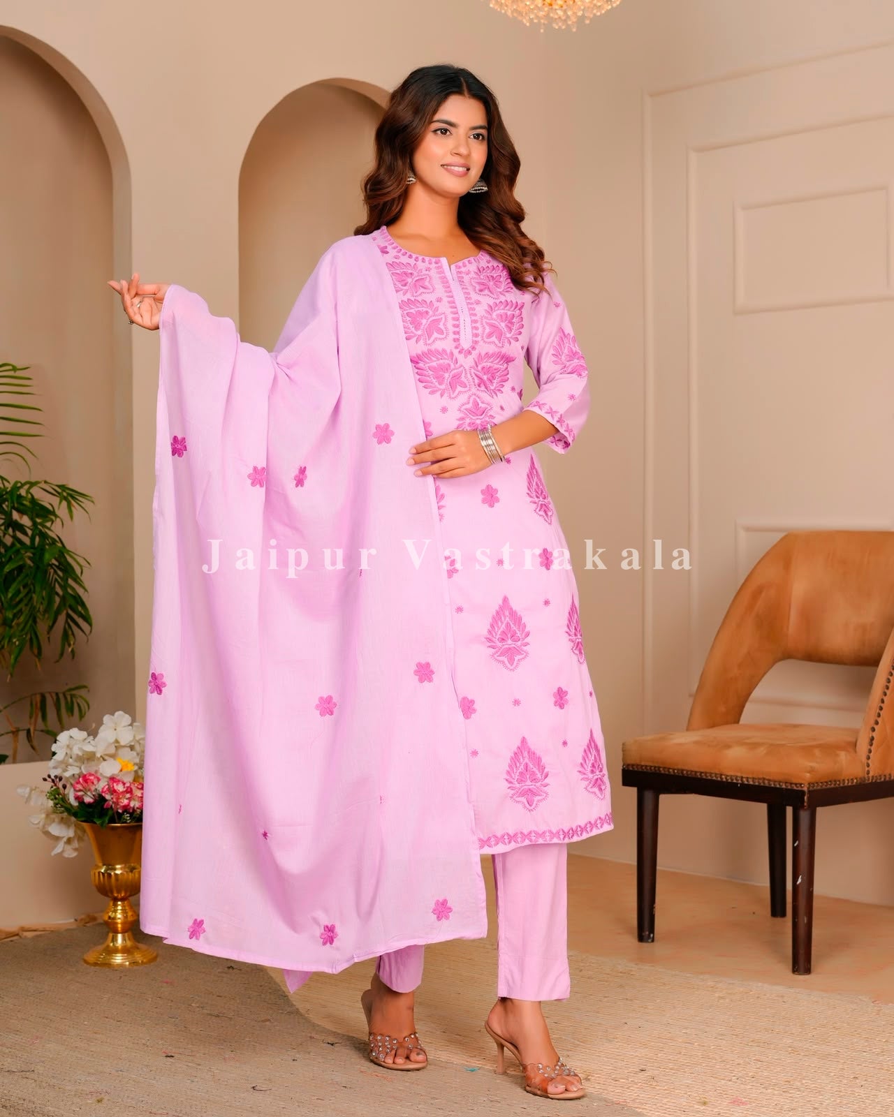 Blush Pink Mul Cotton Embroidery Cotton Dupatta Set