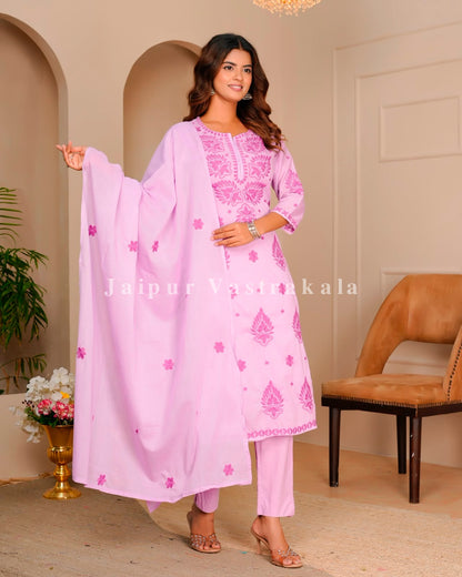 Blush Pink Mul Cotton Embroidery Cotton Dupatta Set