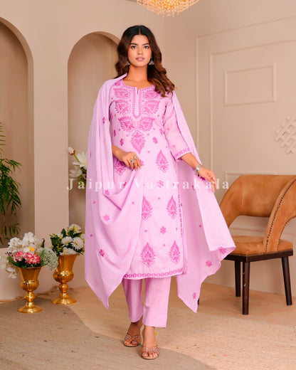 Blush Pink Mul Cotton Embroidery Cotton Dupatta Set