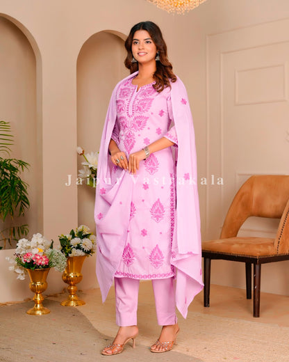 Blush Pink Mul Cotton Embroidery Cotton Dupatta Set