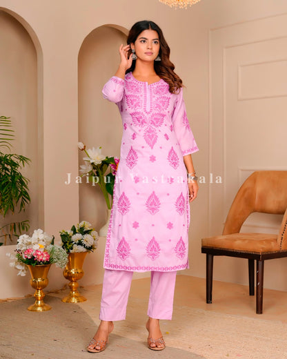 Blush Pink Mul Cotton Embroidery Cotton Dupatta Set