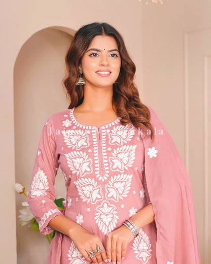 Muted Peach Mul Cotton Embroidery Cotton Dupatta Set