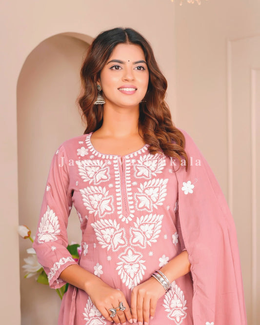 Muted Peach Mul Cotton Embroidery Cotton Dupatta Set