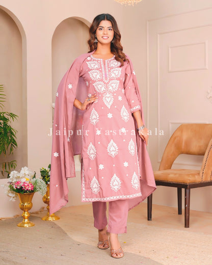 Muted Peach Mul Cotton Embroidery Cotton Dupatta Set