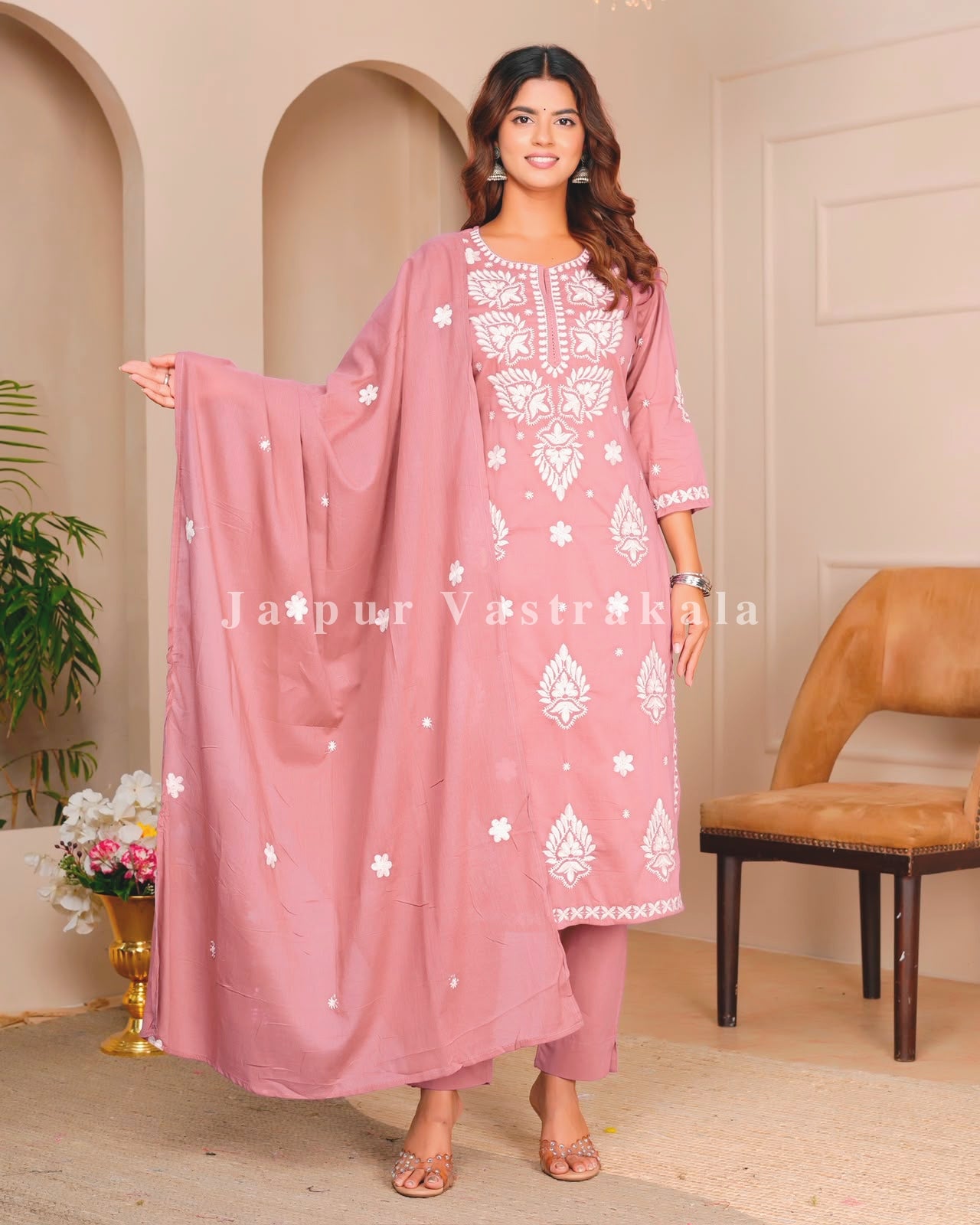 Muted Peach Mul Cotton Embroidery Cotton Dupatta Set