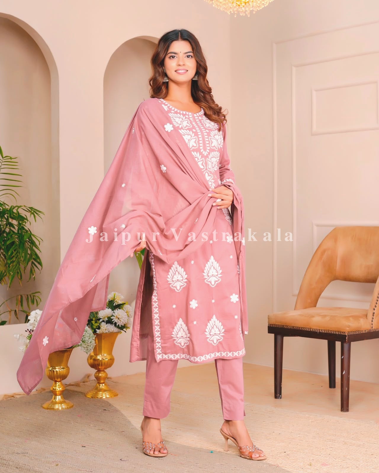 Muted Peach Mul Cotton Embroidery Cotton Dupatta Set
