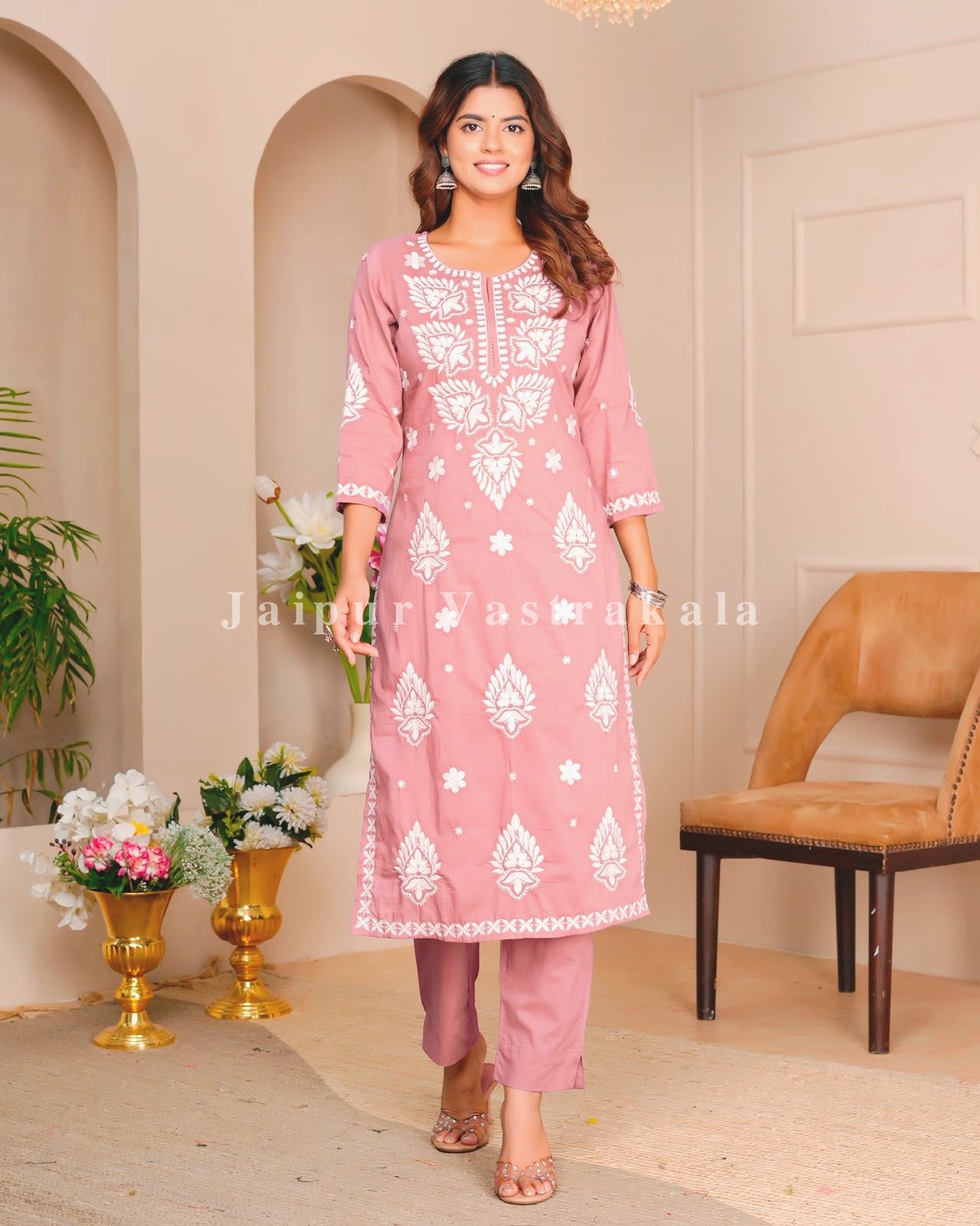Muted Peach Mul Cotton Embroidery Cotton Dupatta Set