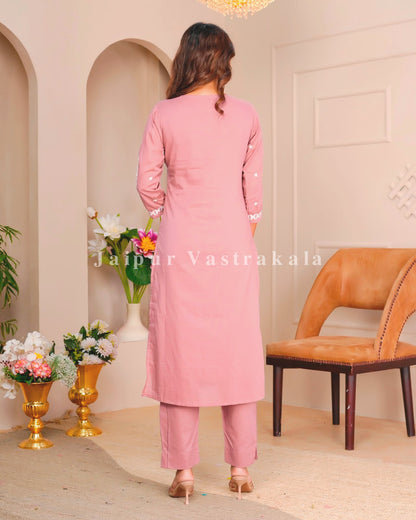 Muted Peach Mul Cotton Embroidery Cotton Dupatta Set