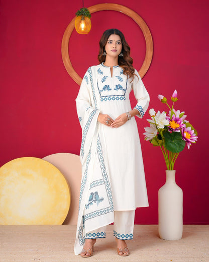 Blue Sparrow Embroidery Flex Cotton Dupatta Set