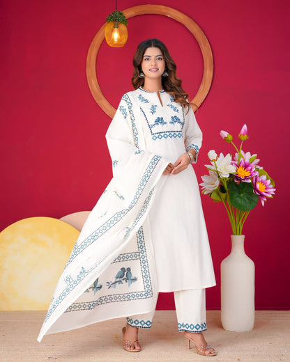 Blue Sparrow Embroidery Flex Cotton Dupatta Set