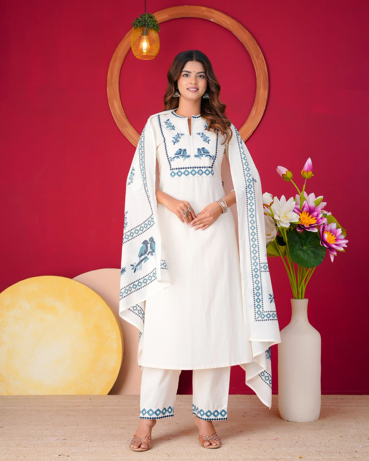 Blue Sparrow Embroidery Flex Cotton Dupatta Set