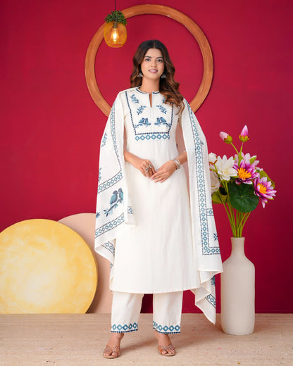 Blue Sparrow Embroidery Flex Cotton Dupatta Set