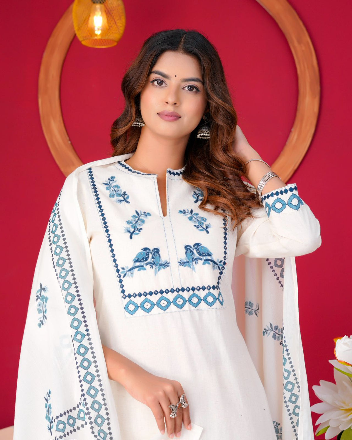 Blue Sparrow Embroidery Flex Cotton Dupatta Set