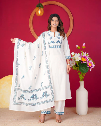 Blue Sparrow Embroidery Flex Cotton Dupatta Set
