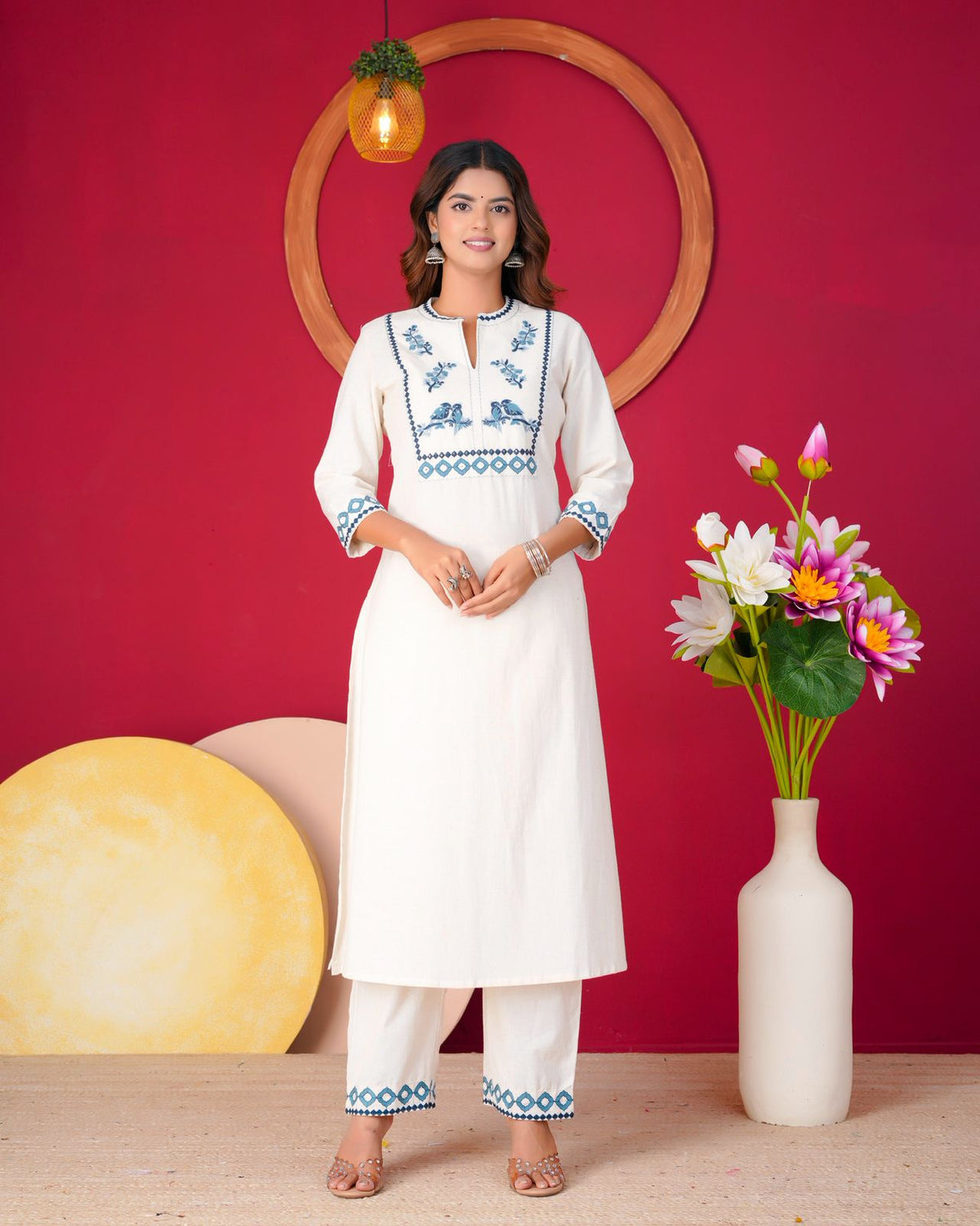 Blue Sparrow Embroidery Flex Cotton Dupatta Set