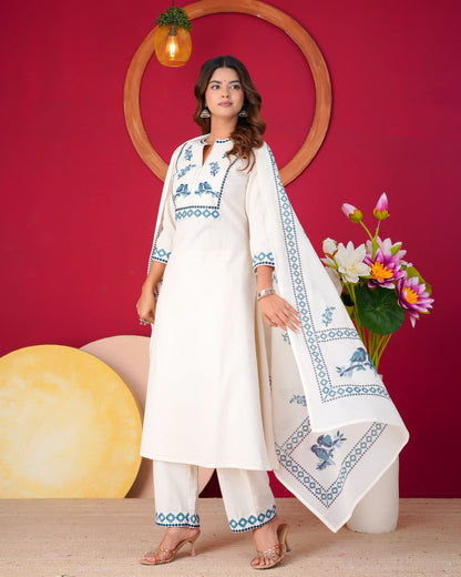 Blue Sparrow Embroidery Flex Cotton Dupatta Set