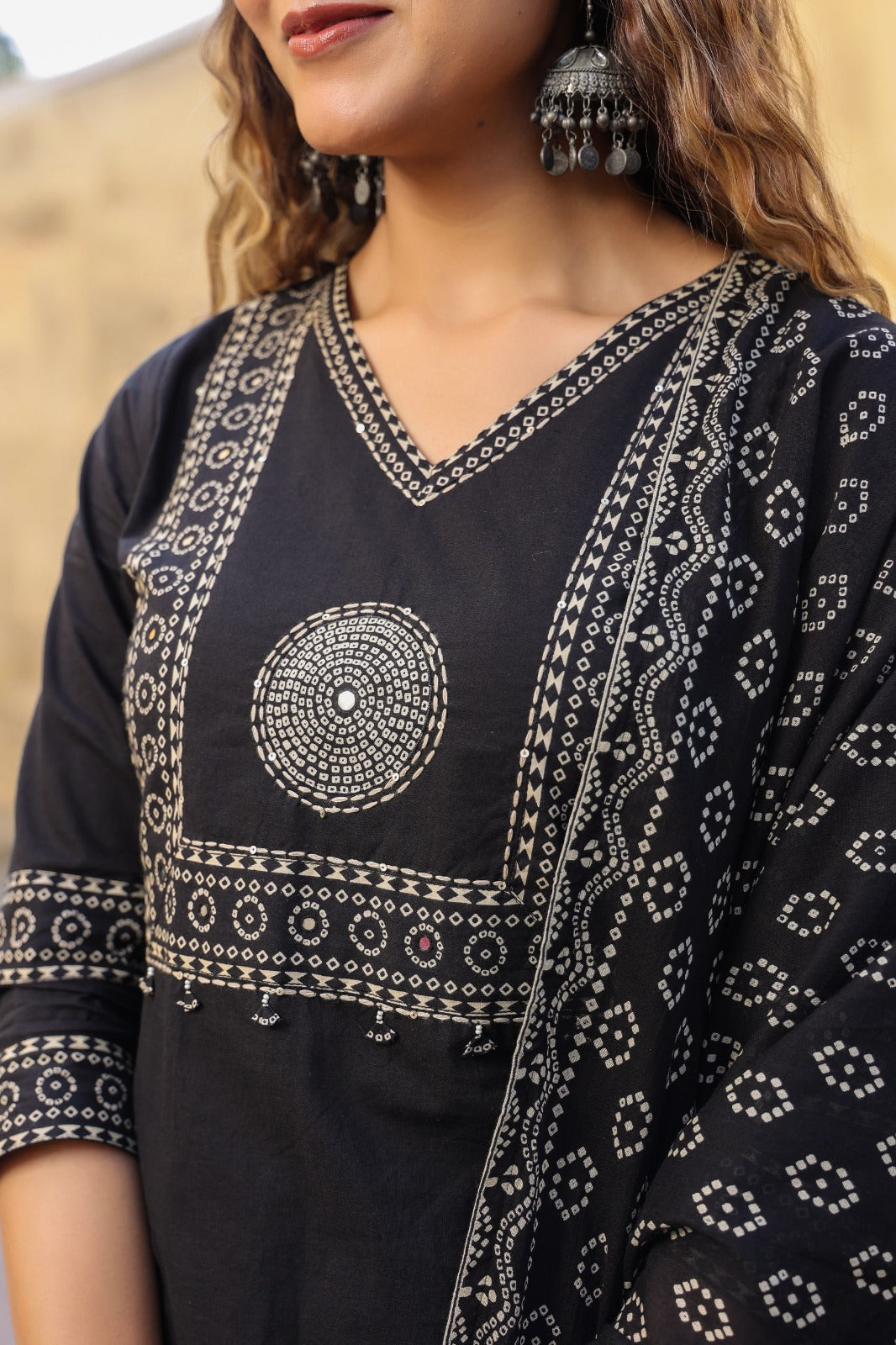Black Mandala Yoke Cotton Dupatta Set