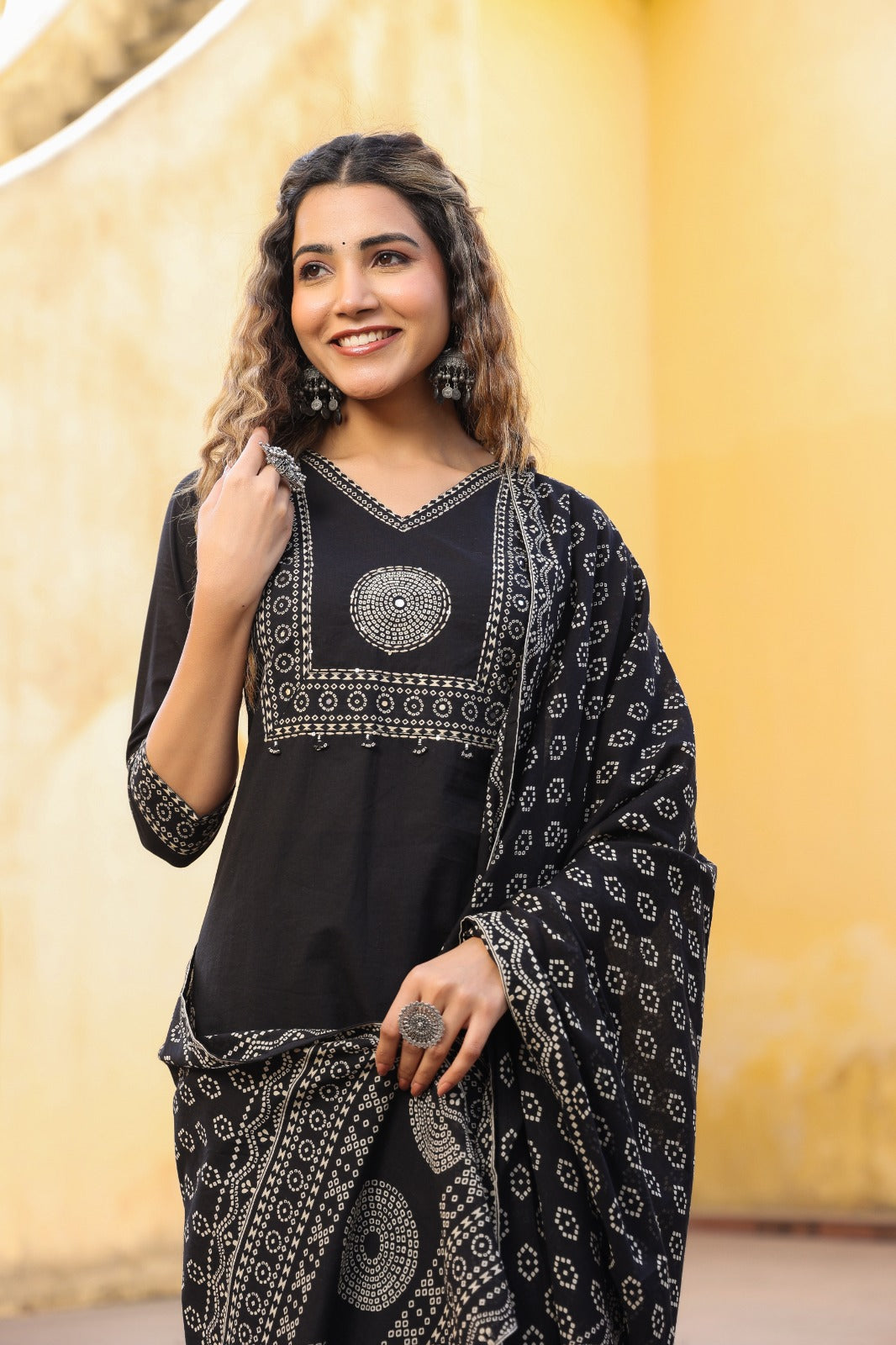 Black Mandala Yoke Cotton Dupatta Set