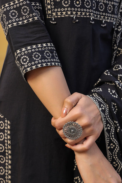 Black Mandala Yoke Cotton Dupatta Set