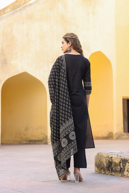 Black Mandala Yoke Cotton Dupatta Set