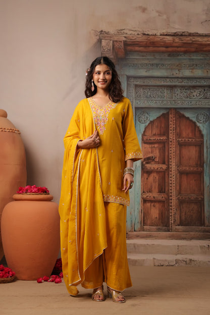 Mustard Grace Embroidery Mul Cotton Palazzo Suit