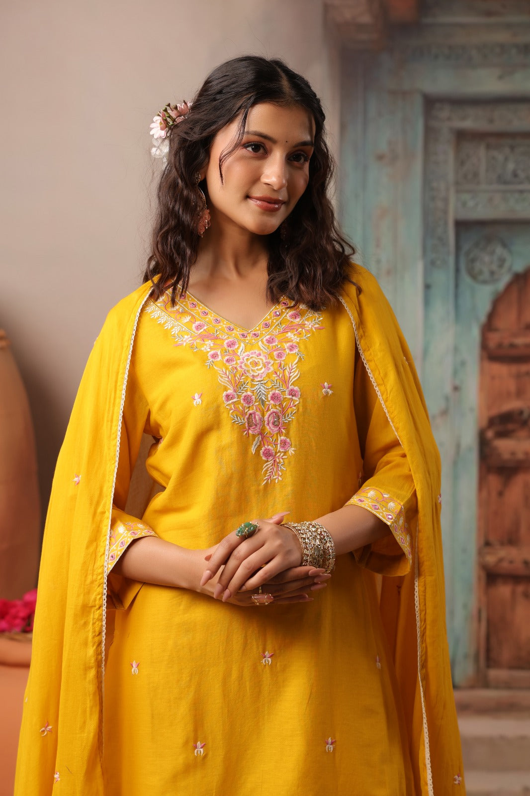Mustard Grace Embroidery Mul Cotton Palazzo Suit