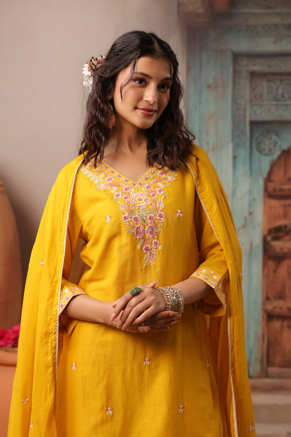 Mustard Grace Embroidery Mul Cotton Palazzo Suit