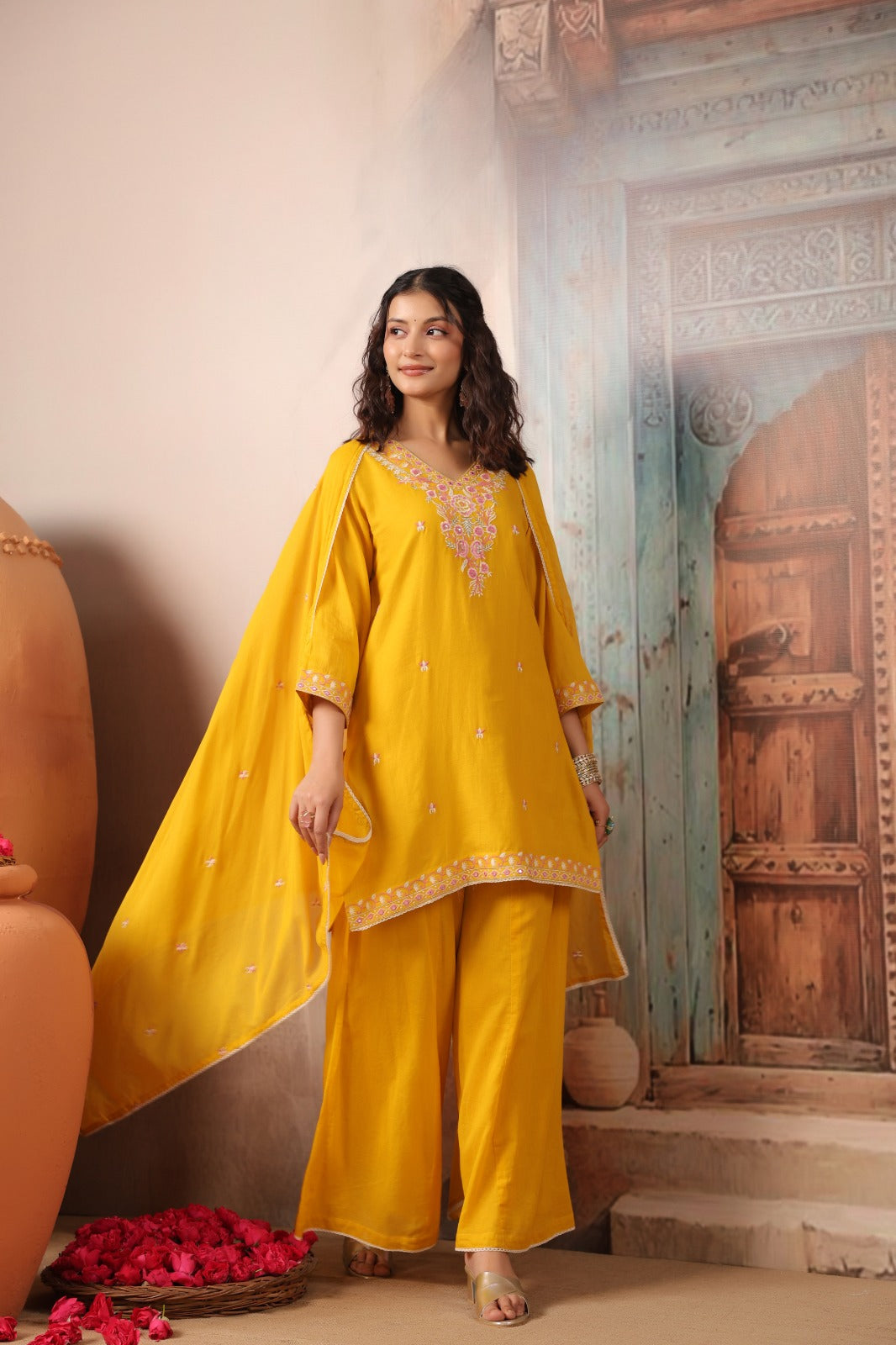 Mustard Grace Embroidery Mul Cotton Palazzo Suit