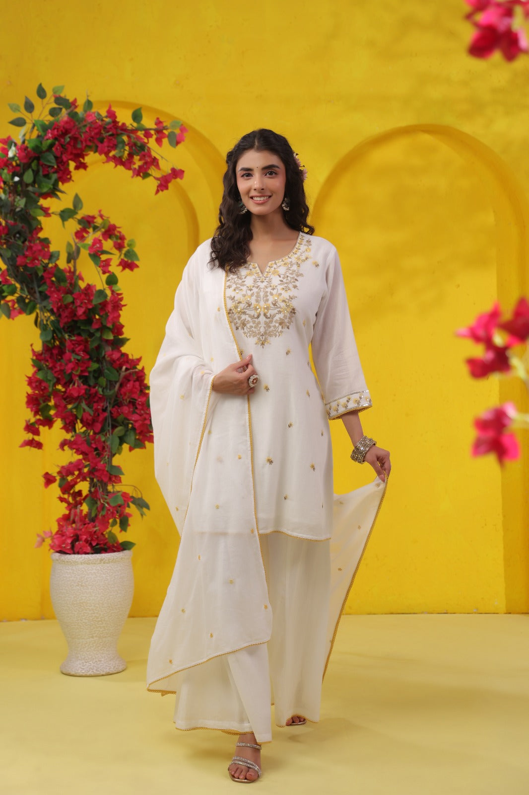 White Petals Embroidery Mul Cotton Palazzo Suit