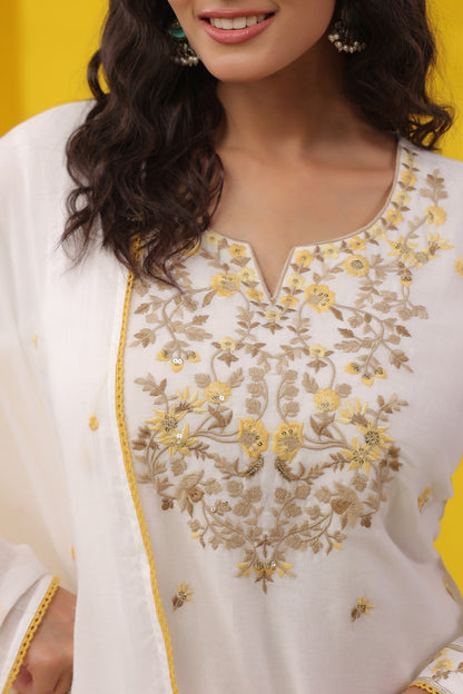 White Petals Embroidery Mul Cotton Palazzo Suit