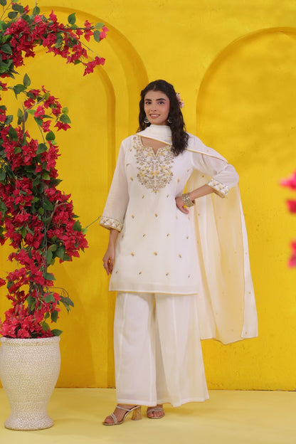 White Petals Embroidery Mul Cotton Palazzo Suit
