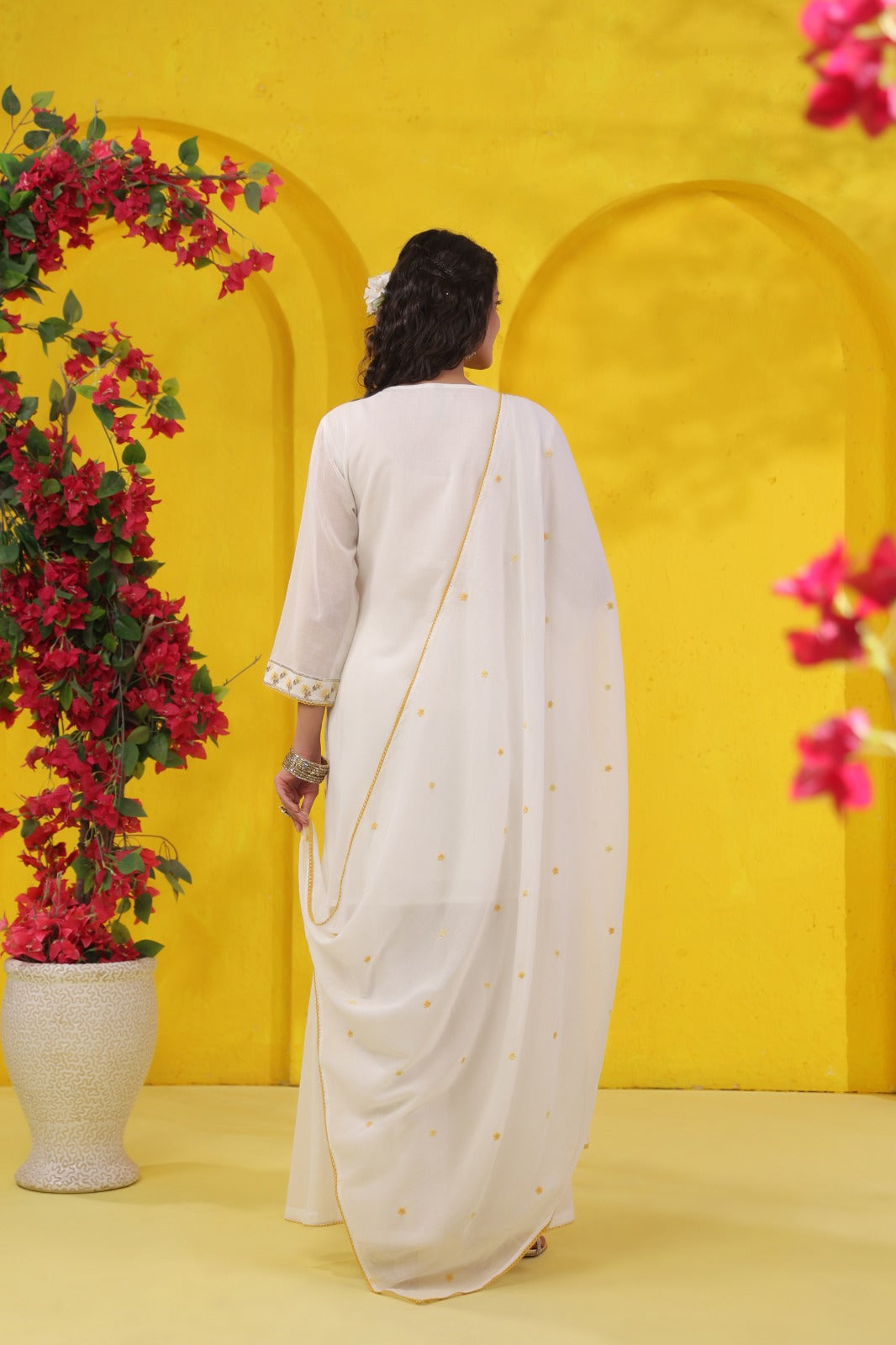 White Petals Embroidery Mul Cotton Palazzo Suit