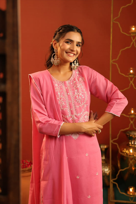 Coral Pink Silk Embroidery Suit