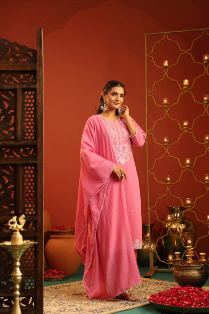 Coral Pink Silk Embroidery Suit