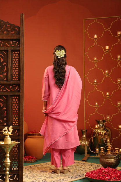 Coral Pink Silk Embroidery Suit