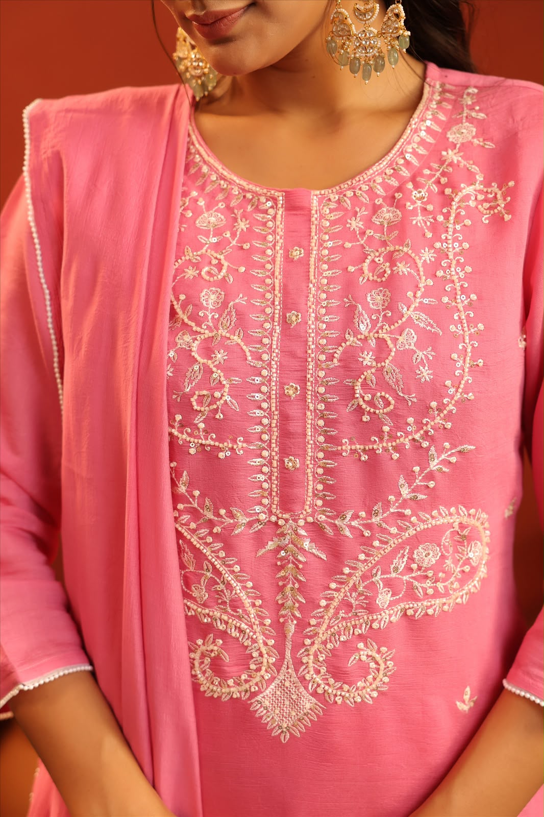 Coral Pink Silk Embroidery Suit