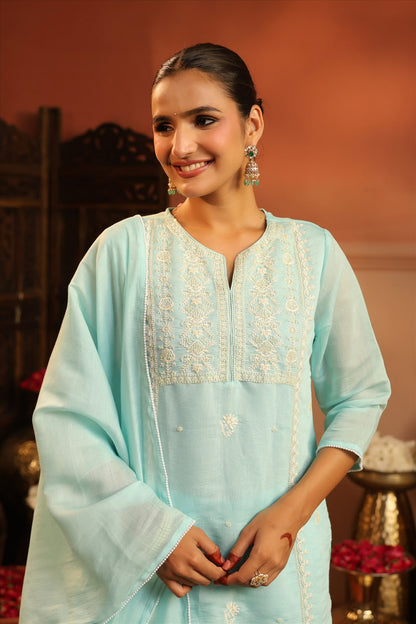 Aqua Blue Silk Embroidery Suit