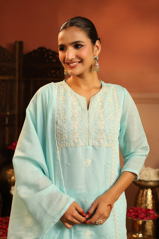 Aqua Blue Silk Embroidery Suit