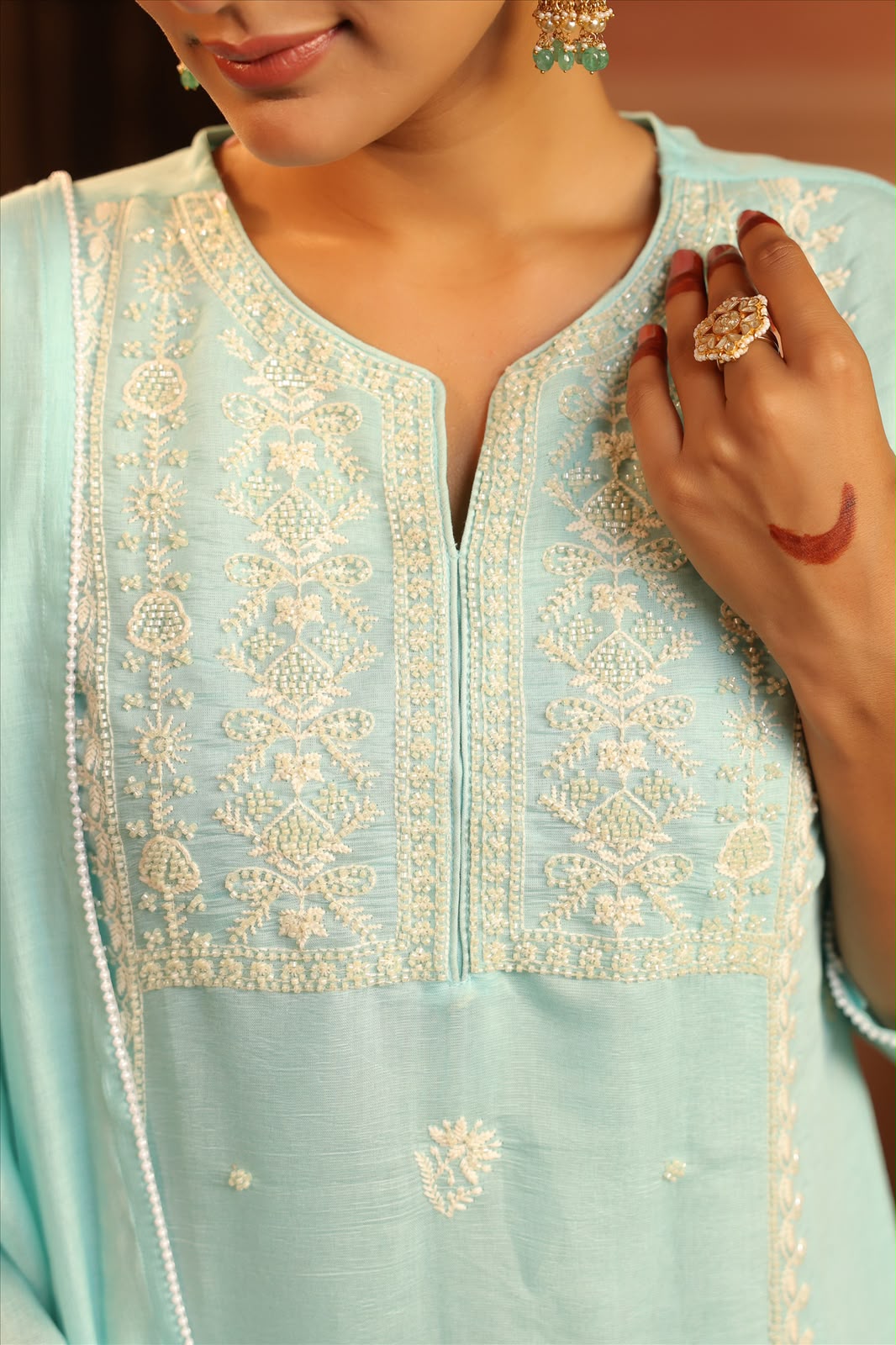 Aqua Blue Silk Embroidery Suit